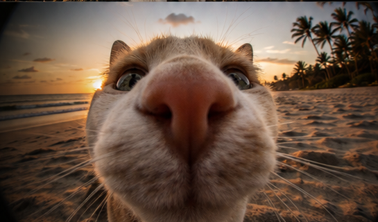 Curious cat pressing its nose to the camera on a beach at sunset with palm trees